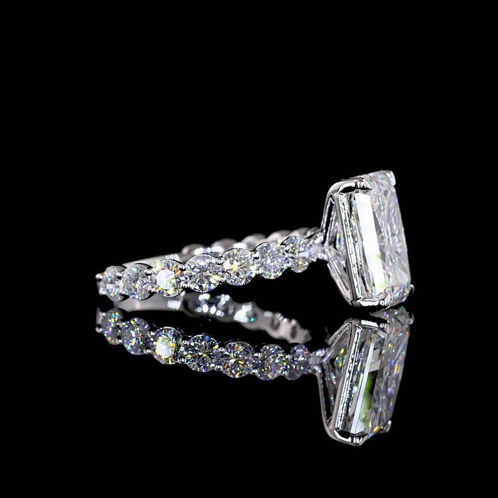 14K White Gold 5.56 Carat Radiant Cut Solitaire Diamond Shank Ring with Lab Grown E VVS2 Center and Brilliant Cut Accents - IGI Certified - Covaloro Fine Jewelry