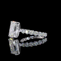 14K White Gold 5.56 Carat Radiant Cut Solitaire Diamond Shank Ring with Lab Grown E VVS2 Center and Brilliant Cut Accents - IGI Certified - Covaloro Fine Jewelry