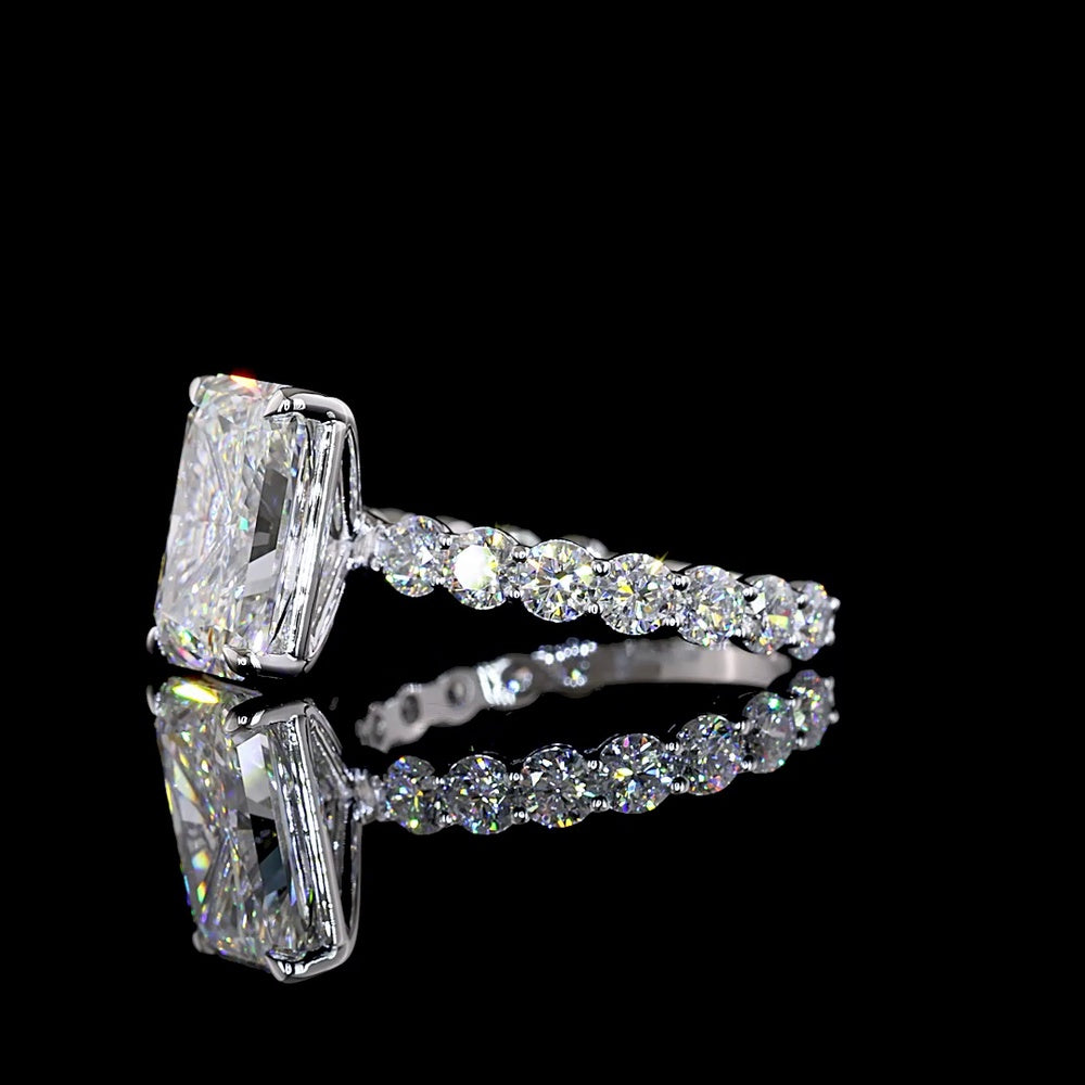 14K White Gold 5.56 Carat Radiant Cut Solitaire Diamond Shank Ring with Lab Grown E VVS2 Center and Brilliant Cut Accents - IGI Certified - Covaloro Fine Jewelry