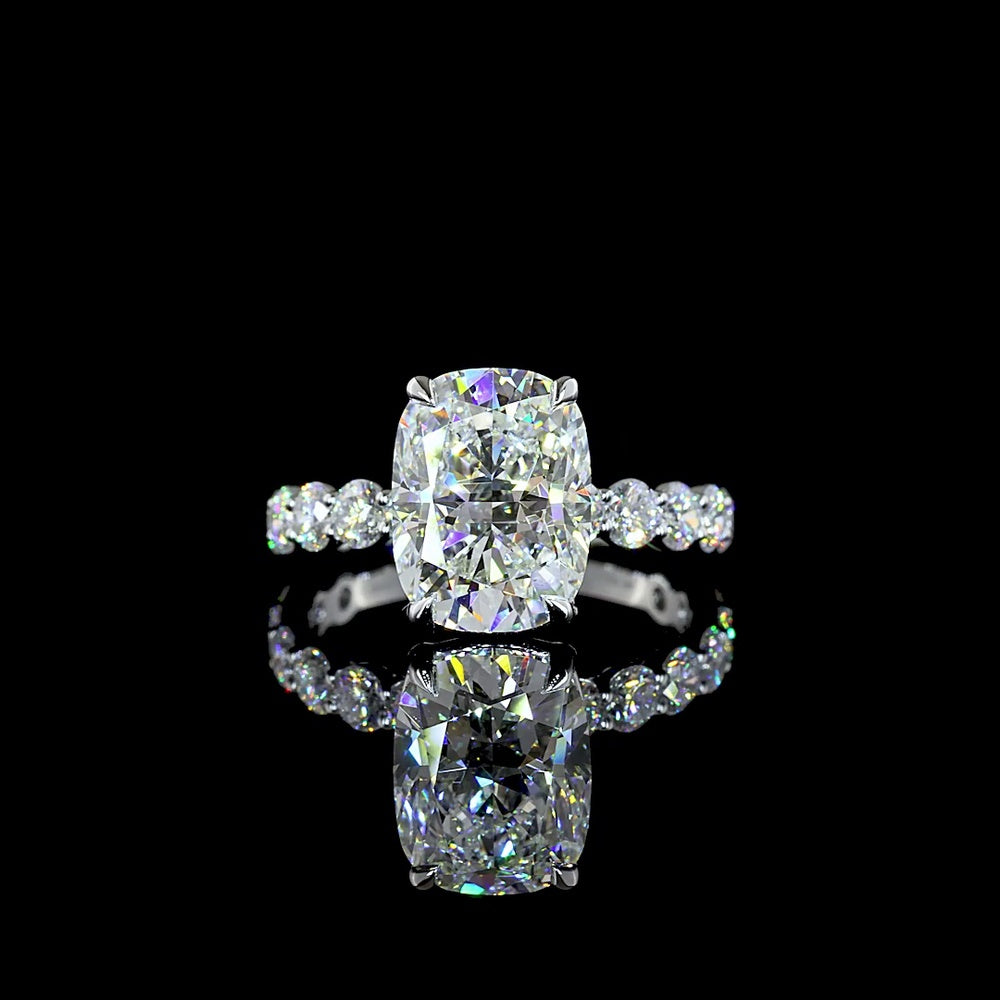 14K White Gold 5.56 Carats Total Weight Cushion Brilliant Lab Diamond Ring with 4.14 Carats Center and Diamond Shank - IGI Certified E-F VVS2 - Covaloro Fine Jewelry