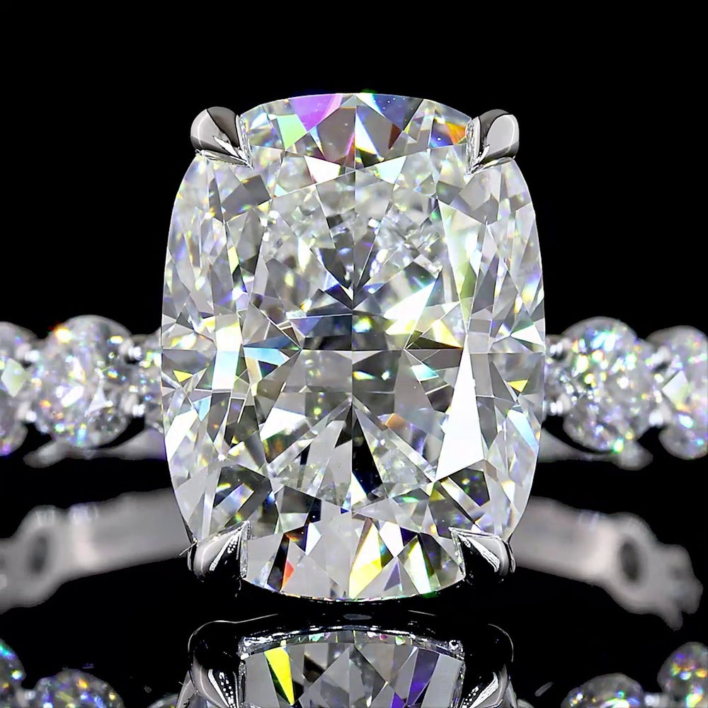 14K White Gold 5.56 Carats Total Weight Cushion Brilliant Lab Diamond Ring with 4.14 Carats Center and Diamond Shank - IGI Certified E-F VVS2 - Covaloro Fine Jewelry
