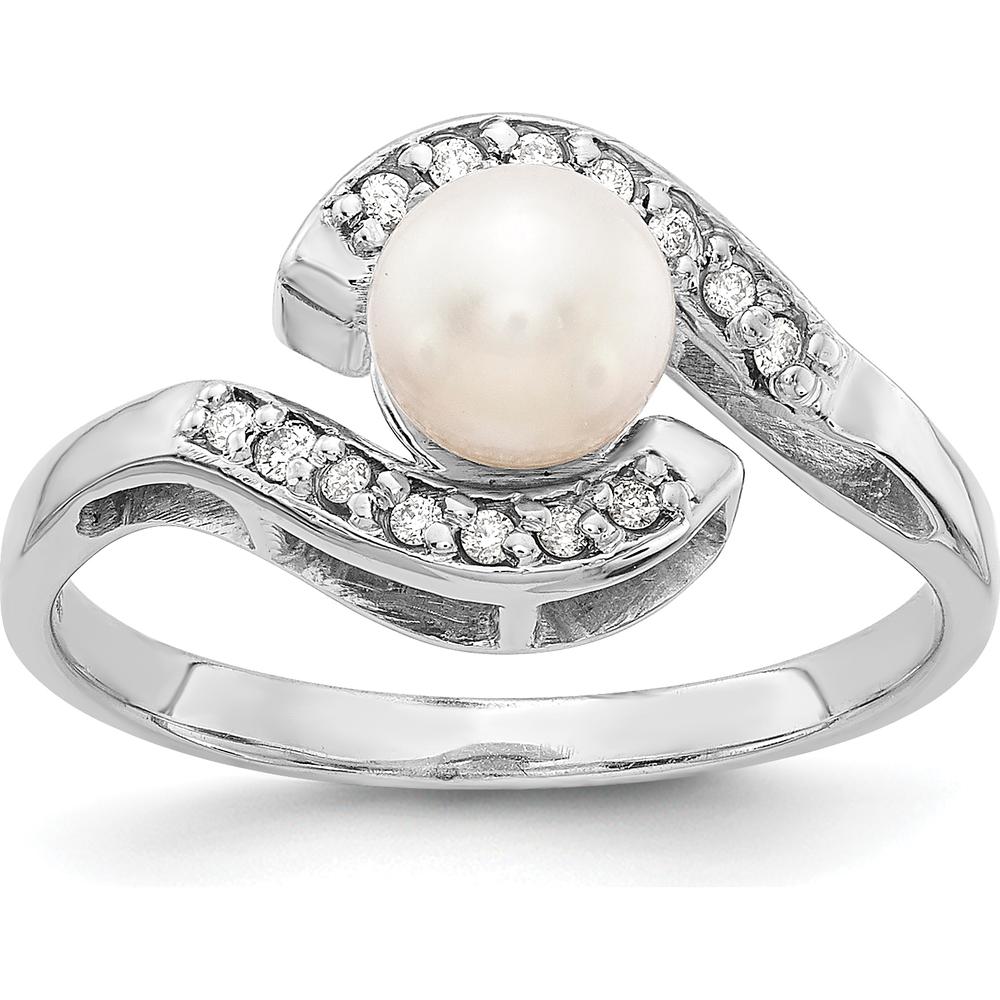 14K White Gold 5.5mm Pearl and Diamond Pavé Wave Ring with 0.14 Carat Total Diamond Weight by Oro Pregiato