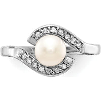 14K White Gold 5.5mm Pearl and Diamond Pavé Wave Ring with 0.14 Carat Total Diamond Weight by Oro Pregiato