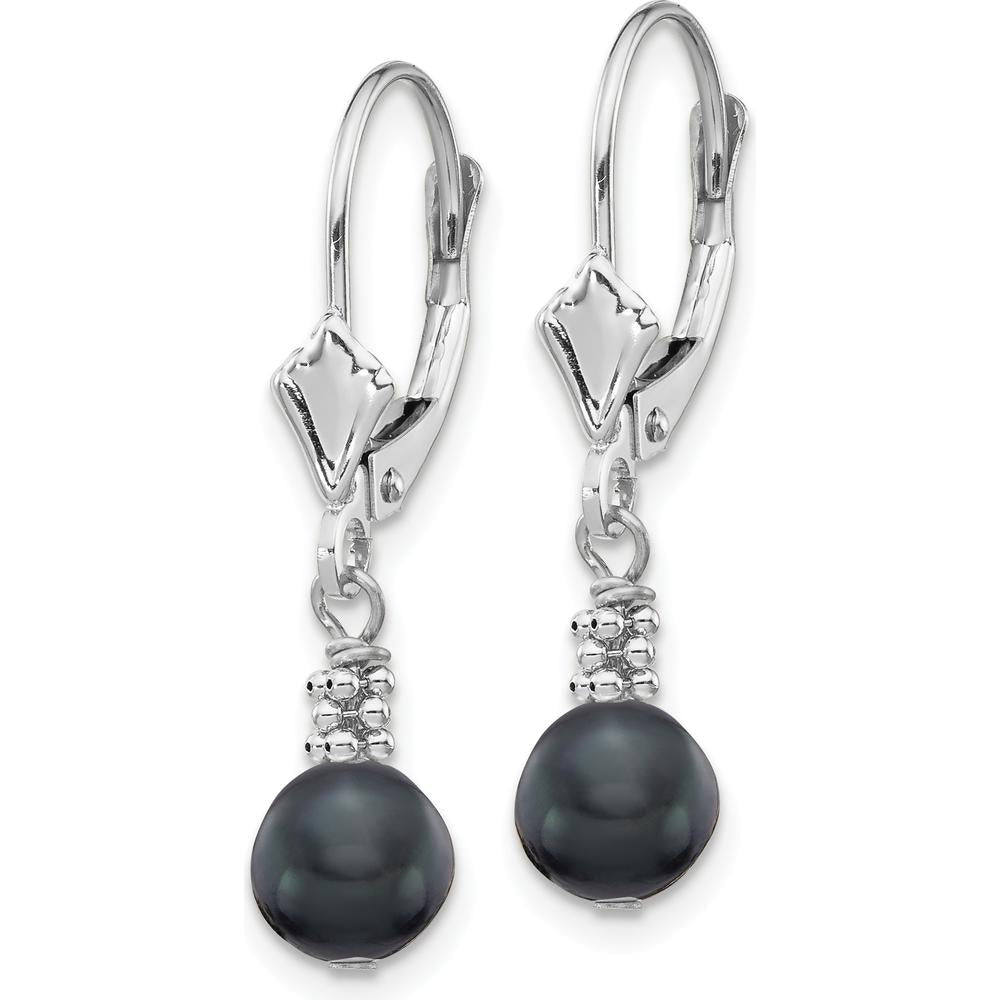 14K White Gold 5-6mm Black Semi-round Freshwater Cultured Pearl Dangle Leverback Earrings by Monteluci Fine Jewelry