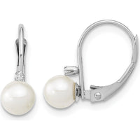 14K White Gold 5-6mm Freshwater Cultured Pearl and 0.02 Carat Diamond Leverback Earrings by Monteluci Fine Jewelry