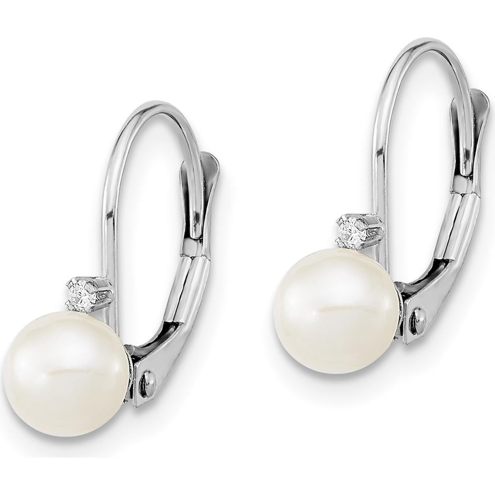 14K White Gold 5-6mm Freshwater Cultured Pearl and 0.02 Carat Diamond Leverback Earrings by Monteluci Fine Jewelry