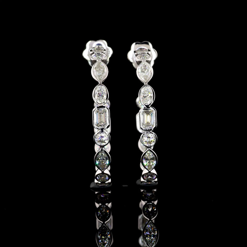14K White Gold 5.98 Carats Total Weight Mixed Shape Lab Diamond C-Hoop Earrings with Marquise, Oval, Emerald, and Brilliant Cut Bezel Set Stones - Covaloro Fine Jewelry