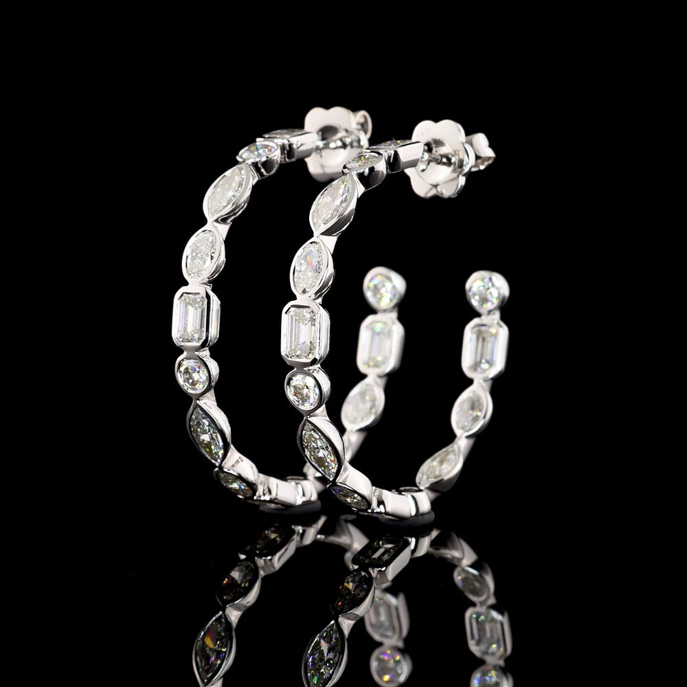 14K White Gold 5.98 Carats Total Weight Mixed Shape Lab Diamond C-Hoop Earrings with Marquise, Oval, Emerald, and Brilliant Cut Bezel Set Stones - Covaloro Fine Jewelry