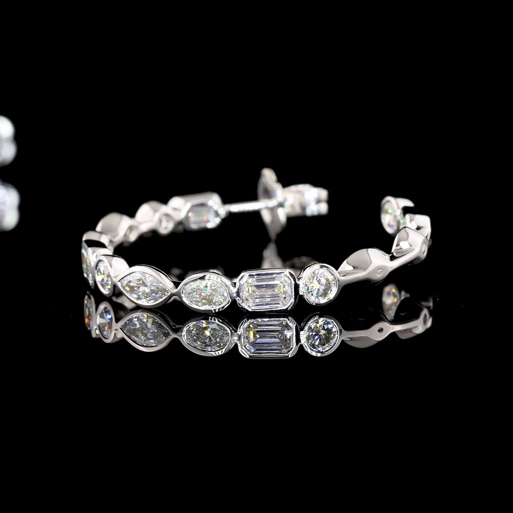 14K White Gold 5.98 Carats Total Weight Mixed Shape Lab Diamond C-Hoop Earrings with Marquise, Oval, Emerald, and Brilliant Cut Bezel Set Stones - Covaloro Fine Jewelry