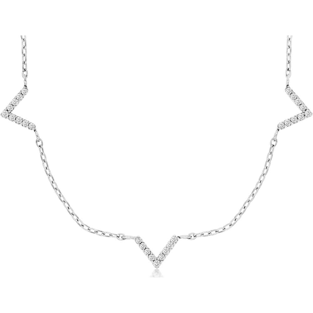 14K White Gold 5-Station Chevron Necklace with Round Brilliant Diamonds - 0.15 Carat Total Diamond Weight - Royal Jewelry