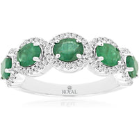 14K White Gold 5-Stone Halo Ring with Oval Emeralds and Round Diamonds - 1.75 Carat Total Emerald Weight and 0.33 Carat Total Diamond Weight - Royal Jewelry