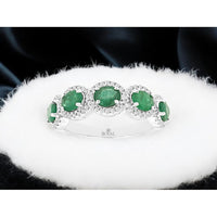 14K White Gold 5-Stone Halo Ring with Oval Emeralds and Round Diamonds - 1.75 Carat Total Emerald Weight and 0.33 Carat Total Diamond Weight - Royal Jewelry