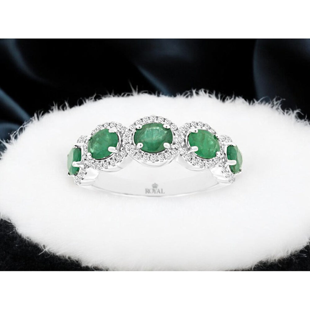 14K White Gold 5-Stone Halo Ring with Oval Emeralds and Round Diamonds - 1.75 Carat Total Emerald Weight and 0.33 Carat Total Diamond Weight - Royal Jewelry