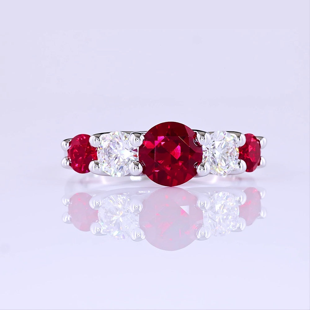 14K White Gold 5-Stone Ring with 1.40 Carat Round Lab-Grown Ruby and 0.74 Carat Round Lab-Grown Diamonds - 2.14 Carat Total Gem Weight - Covaloro Fine Jewelry