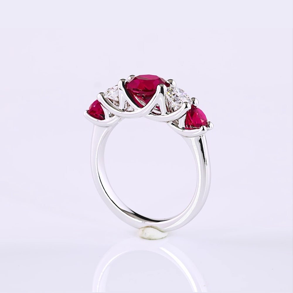 14K White Gold 5-Stone Ring with 1.40 Carat Round Lab-Grown Ruby and 0.74 Carat Round Lab-Grown Diamonds - 2.14 Carat Total Gem Weight - Covaloro Fine Jewelry