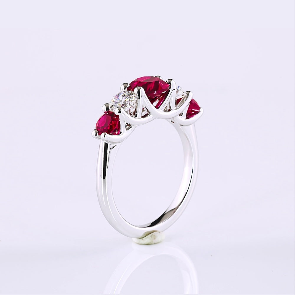 14K White Gold 5-Stone Ring with 1.40 Carat Round Lab-Grown Ruby and 0.74 Carat Round Lab-Grown Diamonds - 2.14 Carat Total Gem Weight - Covaloro Fine Jewelry