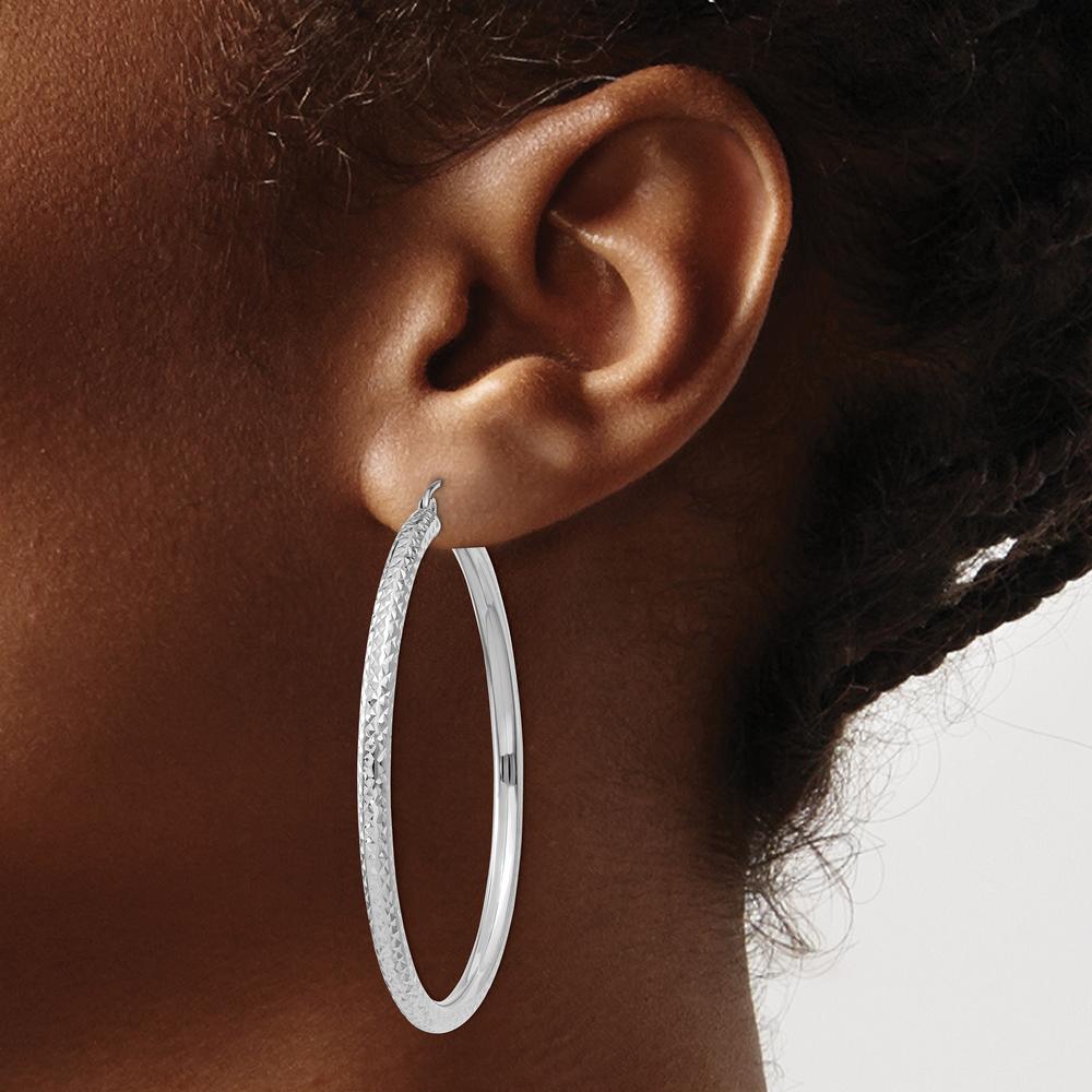 14K White Gold 50mm Diamond-Cut Hoop Earrings with Rhodium Plating by 0