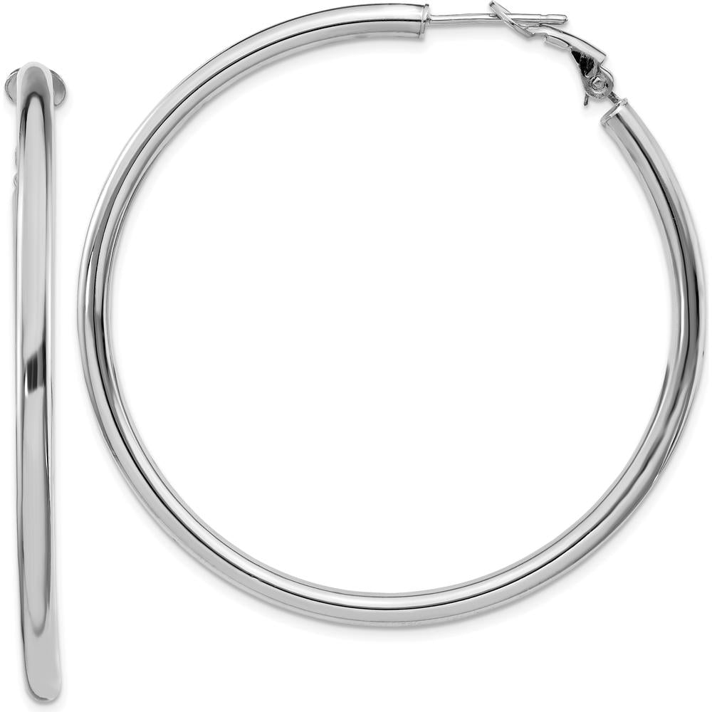 14K White Gold 52mm Polished Round Hoop Earrings with Omega Back Closure by Oro Pregiato