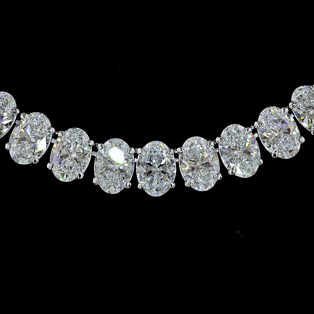 14K White Gold 56.56 Carat Tennis Necklace with North-South Oval Cut Lab Diamonds and Prong Setting - 78 Stones, E-F VS Clarity - Covaloro Fine Jewelry