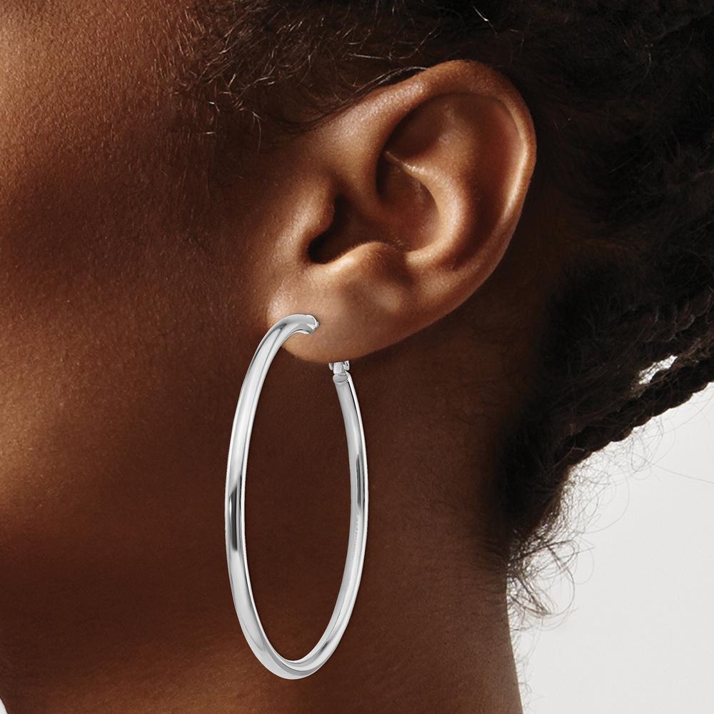 14K White Gold 57mm Polished Round Omega Back Hoop Earrings by Oro Pregiato