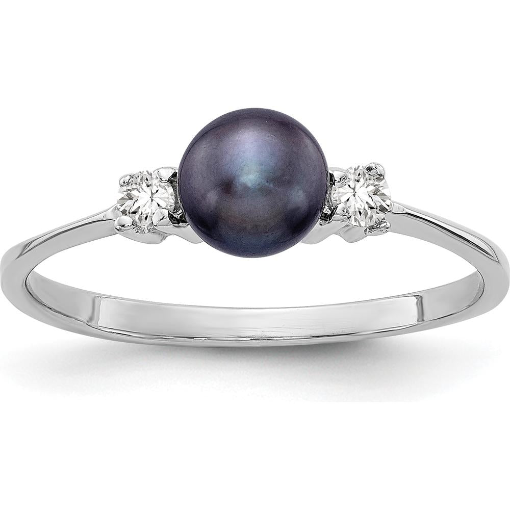 14K White Gold 5mm Black Freshwater Cultured Pearl and Diamond Ring - 0.078 Carat Total Diamond Weight by Monteluci Fine Jewelry