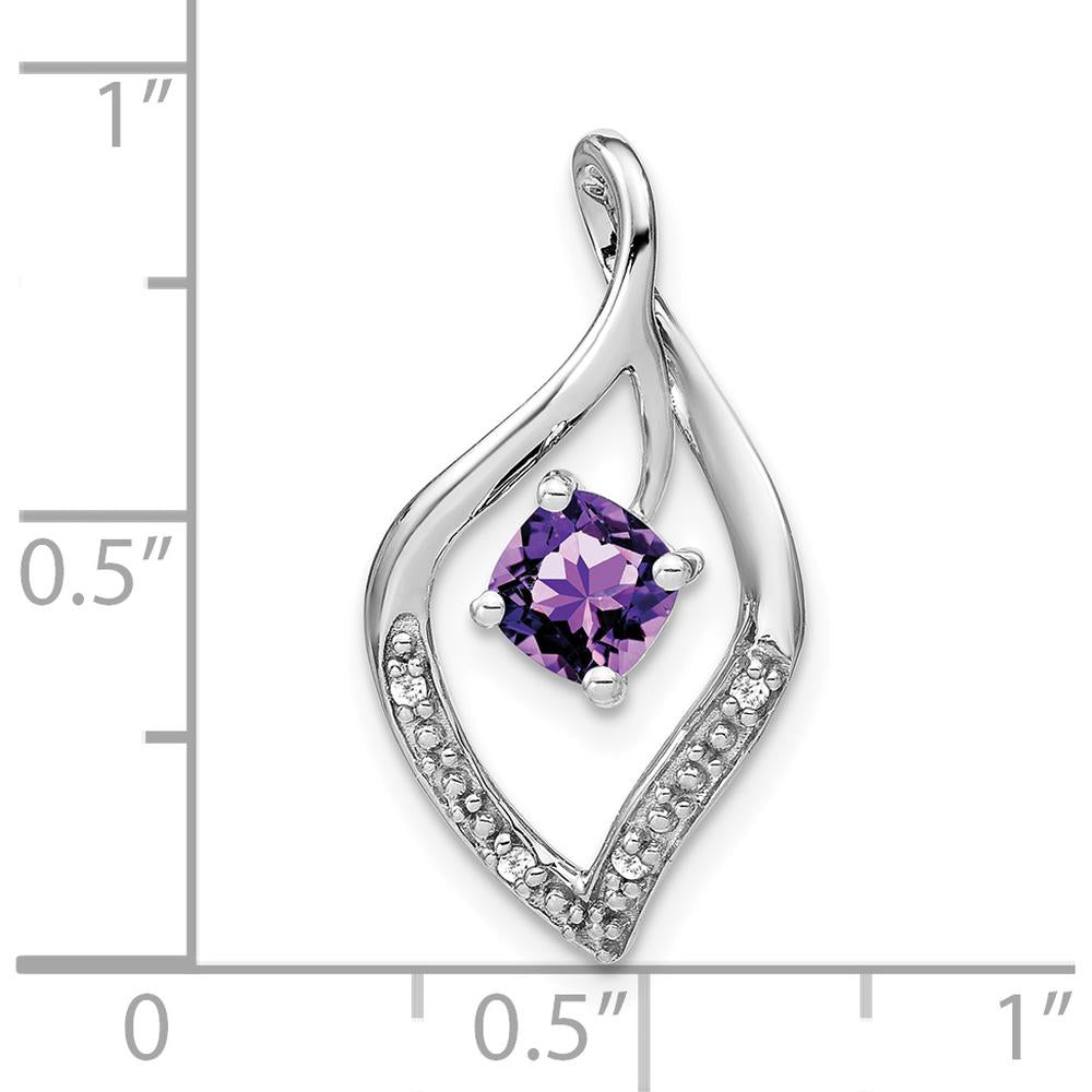 14K White Gold 5mm Cushion Amethyst and Round Diamond Leaf Pendant - 0.40 Carat Total Amethyst Weight by Lumare Gioia