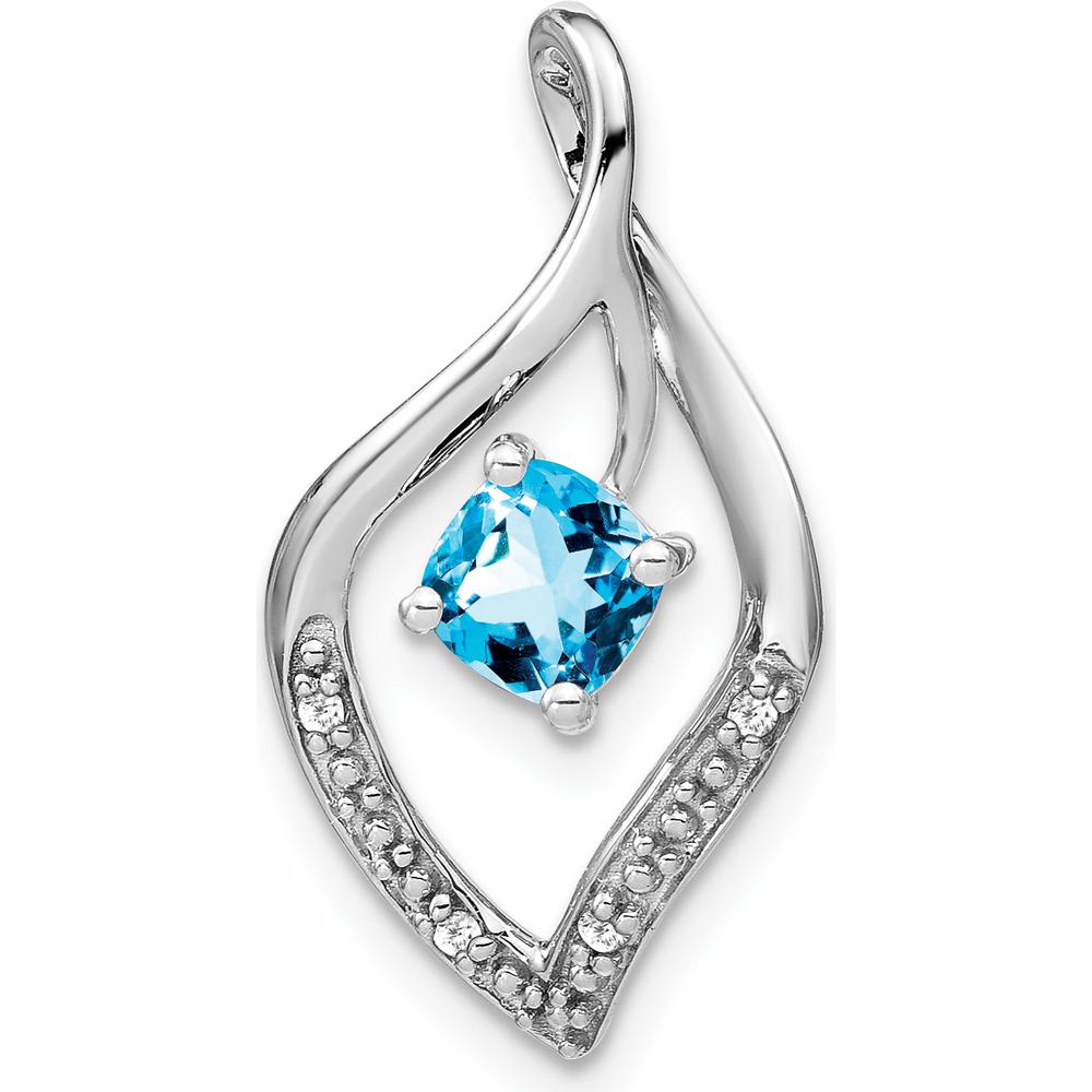 14K White Gold 5mm Cushion Swiss Blue Topaz and Round Diamond Leaf Pendant - 0.7 Carat Topaz Weight by Lumare Gioia