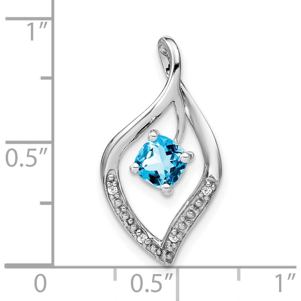 14K White Gold 5mm Cushion Swiss Blue Topaz and Round Diamond Leaf Pendant - 0.7 Carat Topaz Weight by Lumare Gioia