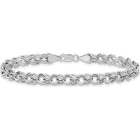 14K White Gold 5mm Hollow Double Link 8.25" Charm Bracelet with Diamond-Cut Texture by Oro Pregiato