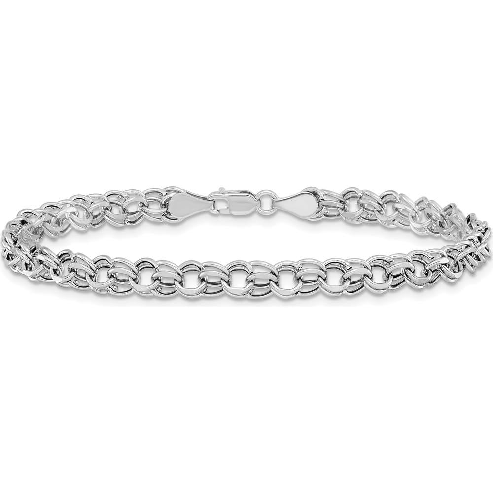14K White Gold 5mm Hollow Double Link Charm Bracelet with Diamond-Cut Texture - 7.25" Length by Oro Pregiato
