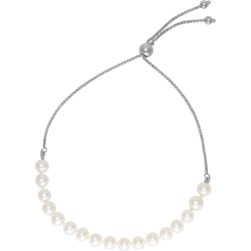 14K White Gold 5mm Pearl Adjustable Friendship Bracelet - 9.25" by Orozza Fine Jewelry