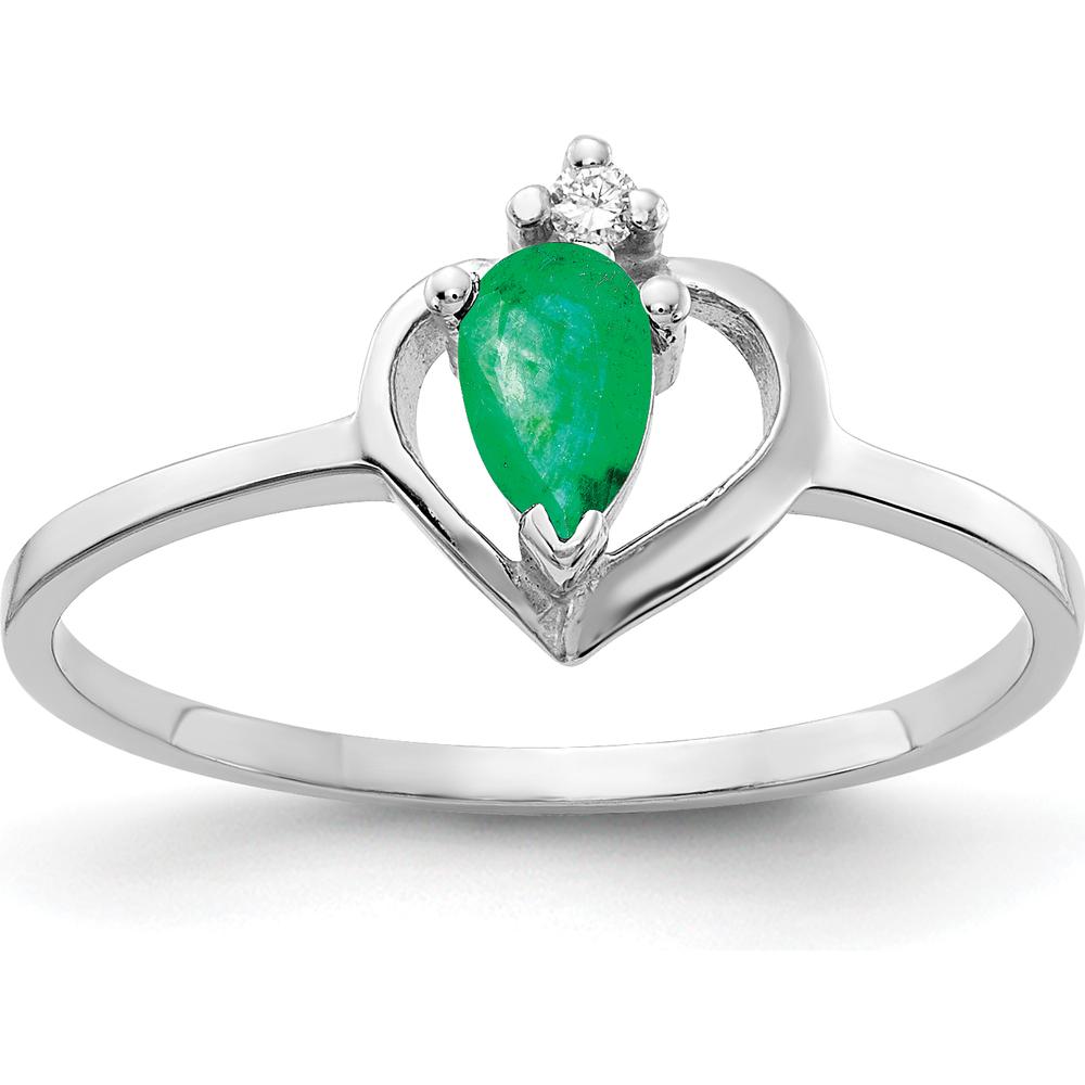 14K White Gold 5x3mm Pear Emerald and Round Diamond Ring - 0.215 Carat Total Weight by Monteluci Fine Jewelry