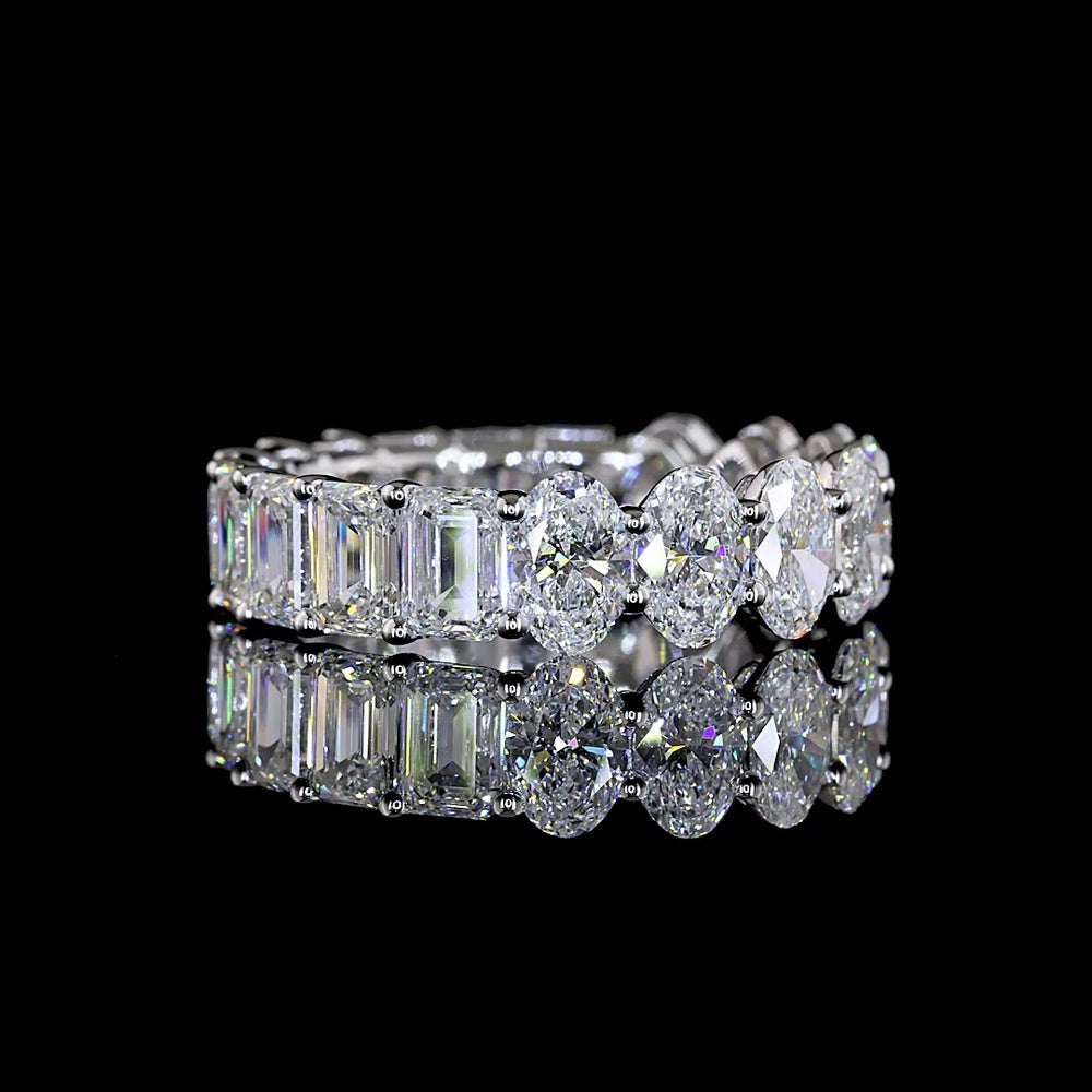 14K White Gold 6.13 Carats Eternity Band with Alternating Emerald and Oval Cut Lab Diamonds - E-F VS1 Color Clarity - Covaloro Fine Jewelry