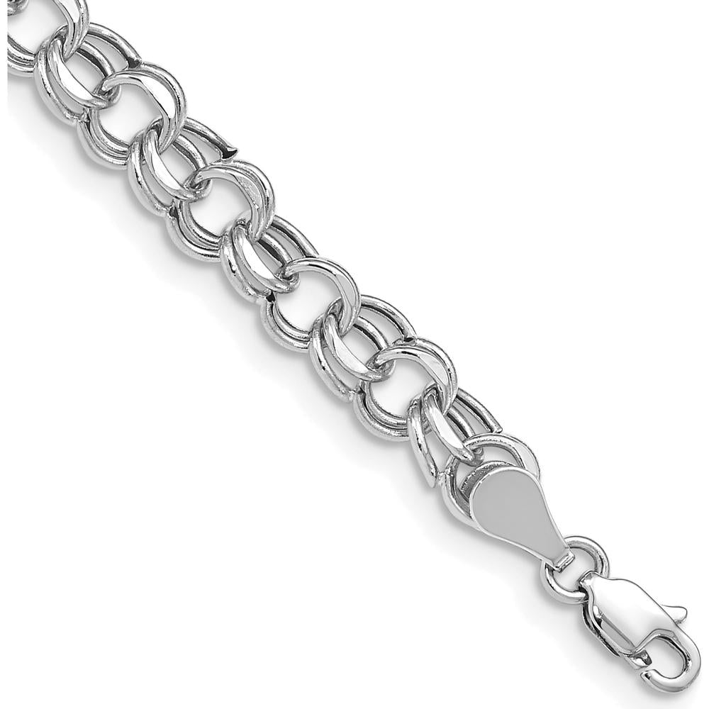 14K White Gold 6.25mm Hollow Double Link Charm Bracelet with Diamond-Cut Texture by Oro Pregiato