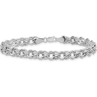 14K White Gold 6.25mm Hollow Double Link Charm Bracelet with Diamond-Cut Texture by Oro Pregiato