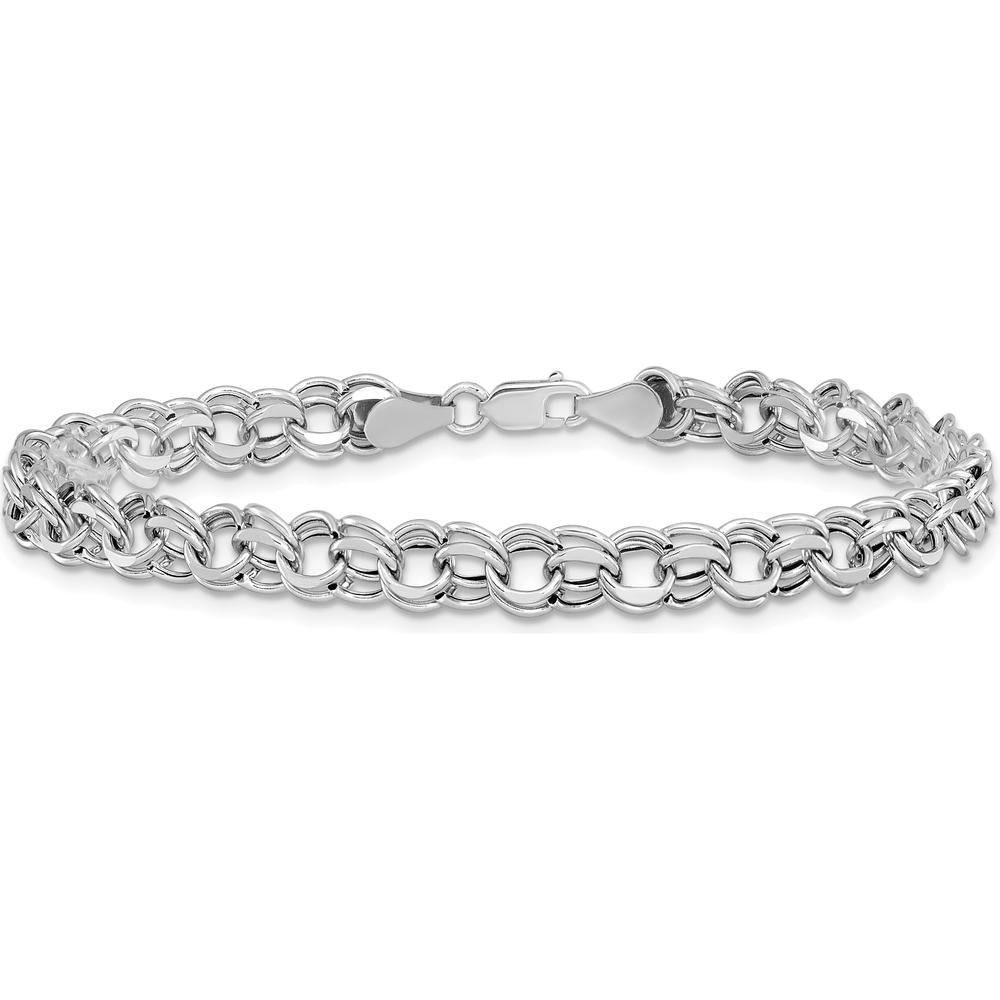 14K White Gold 6.25mm Hollow Double Link Charm Bracelet with Diamond-Cut Texture by Oro Pregiato