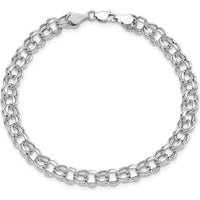 14K White Gold 6.25mm Hollow Double Link Charm Bracelet with Diamond-Cut Texture by Oro Pregiato