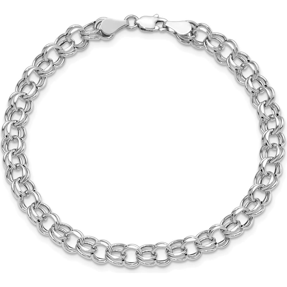 14K White Gold 6.25mm Hollow Double Link Charm Bracelet with Diamond-Cut Texture by Oro Pregiato