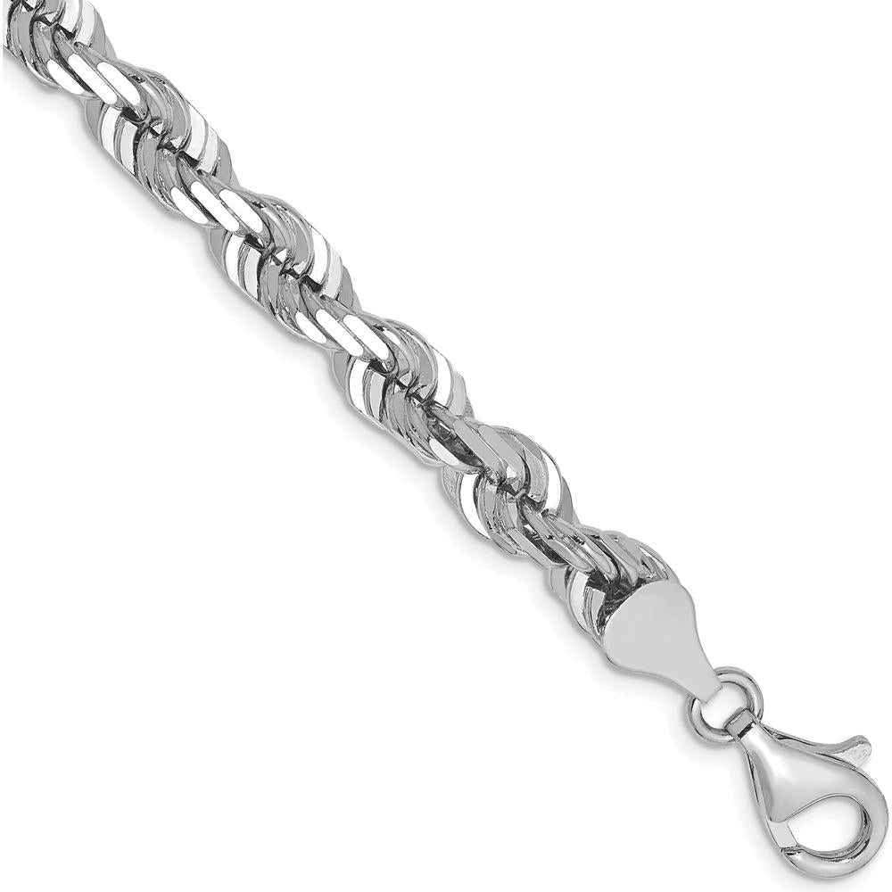 14K White Gold 6.5mm Diamond-Cut Rope Chain Bracelet with Fancy Lobster Clasp - 8"