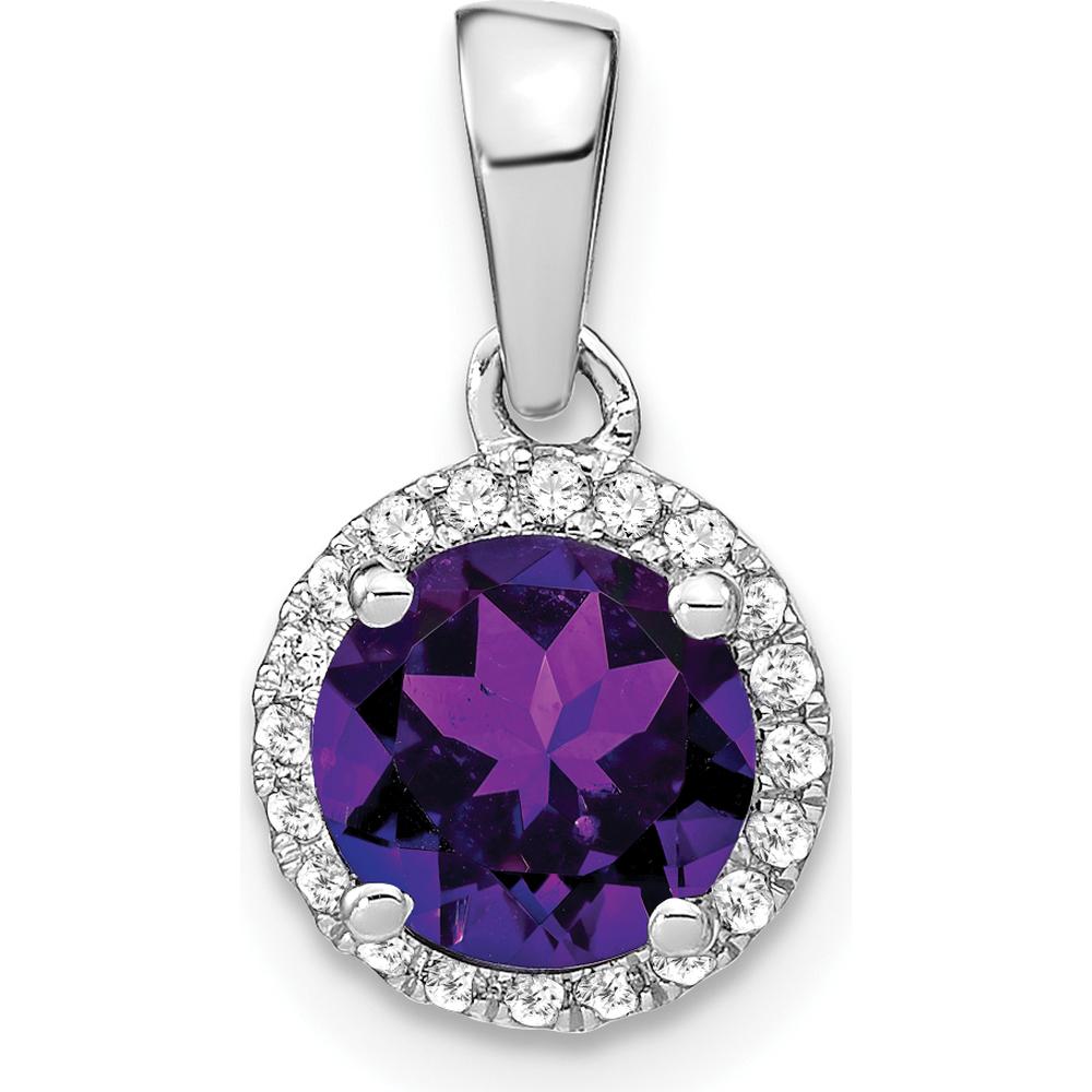 14K White Gold 6.5mm Round Amethyst and Diamond Halo Pendant - 1.535 Carat Total Amethyst Weight, 0.1 Carat Total Diamond Weight by Lumare Gioia
