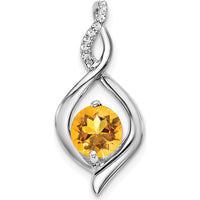 14K White Gold 6.5mm Round Citrine and Diamond Fancy Pendant - 1.03 Carat Total Citrine Weight, 0.04 Carat Total Diamond Weight by Lumare Gioia