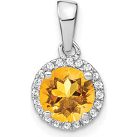 14K White Gold 6.5mm Round Citrine and Diamond Halo Pendant - 1.535 Carat Citrine, 0.1 Carat Total Diamond Weight by Lumare Gioia