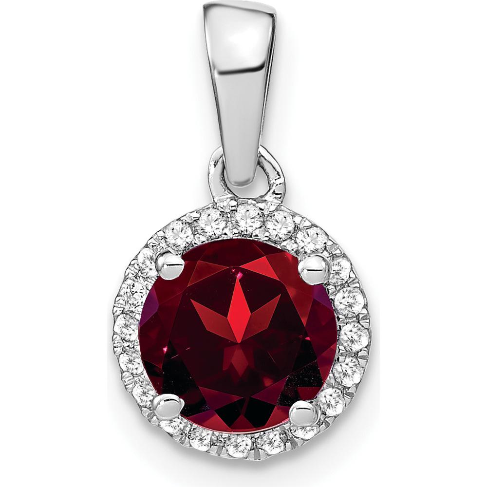 14K White Gold 6.5mm Round Garnet and Diamond Halo Pendant - 1.535 Carat Garnet, 0.1 Carat Diamond Weight by Lumare Gioia