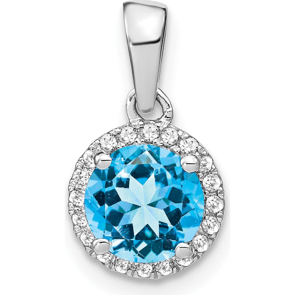14K White Gold 6.5mm Round Swiss Blue Topaz and Diamond Halo Pendant - 1.535 Carat Topaz, 0.05 Carat Diamonds by Lumare Gioia