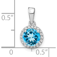 14K White Gold 6.5mm Round Swiss Blue Topaz and Diamond Halo Pendant - 1.535 Carat Topaz, 0.05 Carat Diamonds by Lumare Gioia