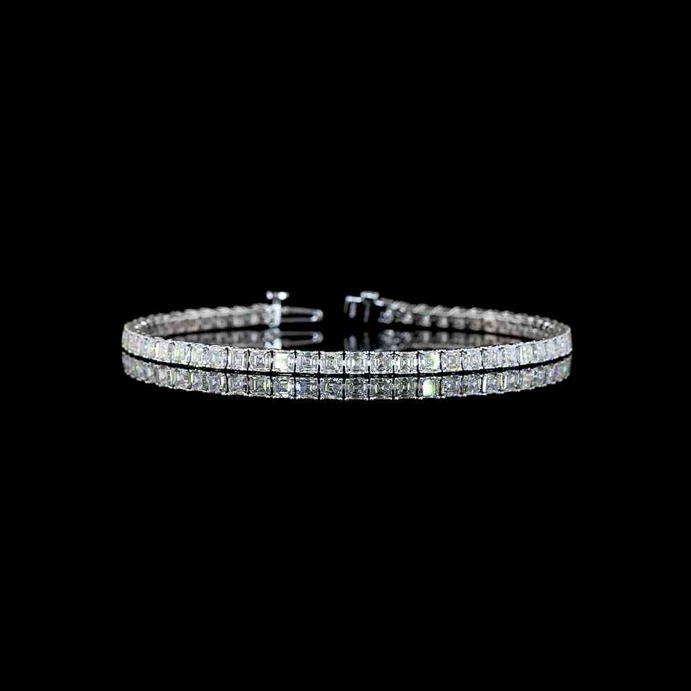14K White Gold 6.70 Carat Tennis Bracelet with Asscher Cut Lab Diamonds (58 Stones, E-F VS Clarity) - Modern Geometric Design - Covaloro Fine Jewelry
