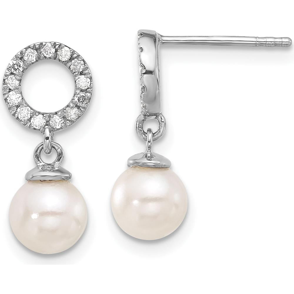 14K White Gold 6-7mm Akoya Cultured Pearl and 0.20 Carat Diamond Dangle Earrings by Monteluci Fine Jewelry