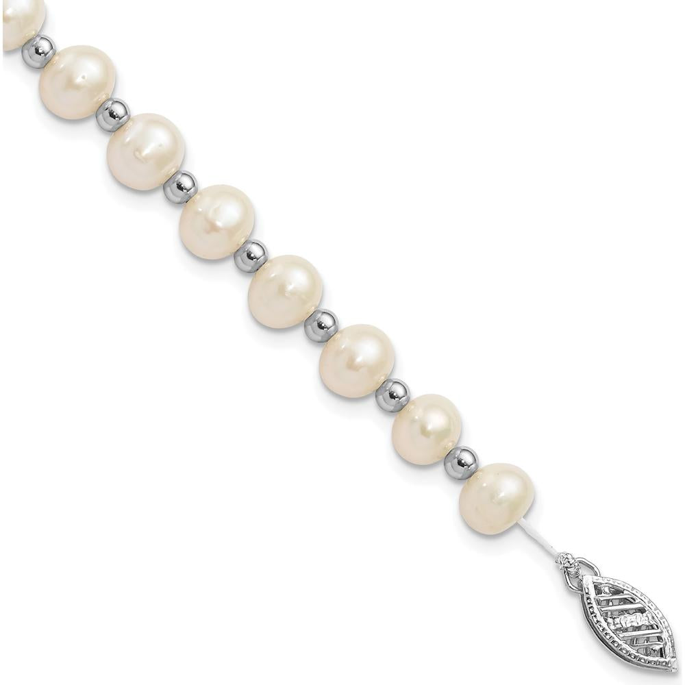 14K White Gold 6-7mm Freshwater Cultured Pearl Beaded Bracelet with Pearl Clasp - 7" Length by Monteluci Fine Jewelry