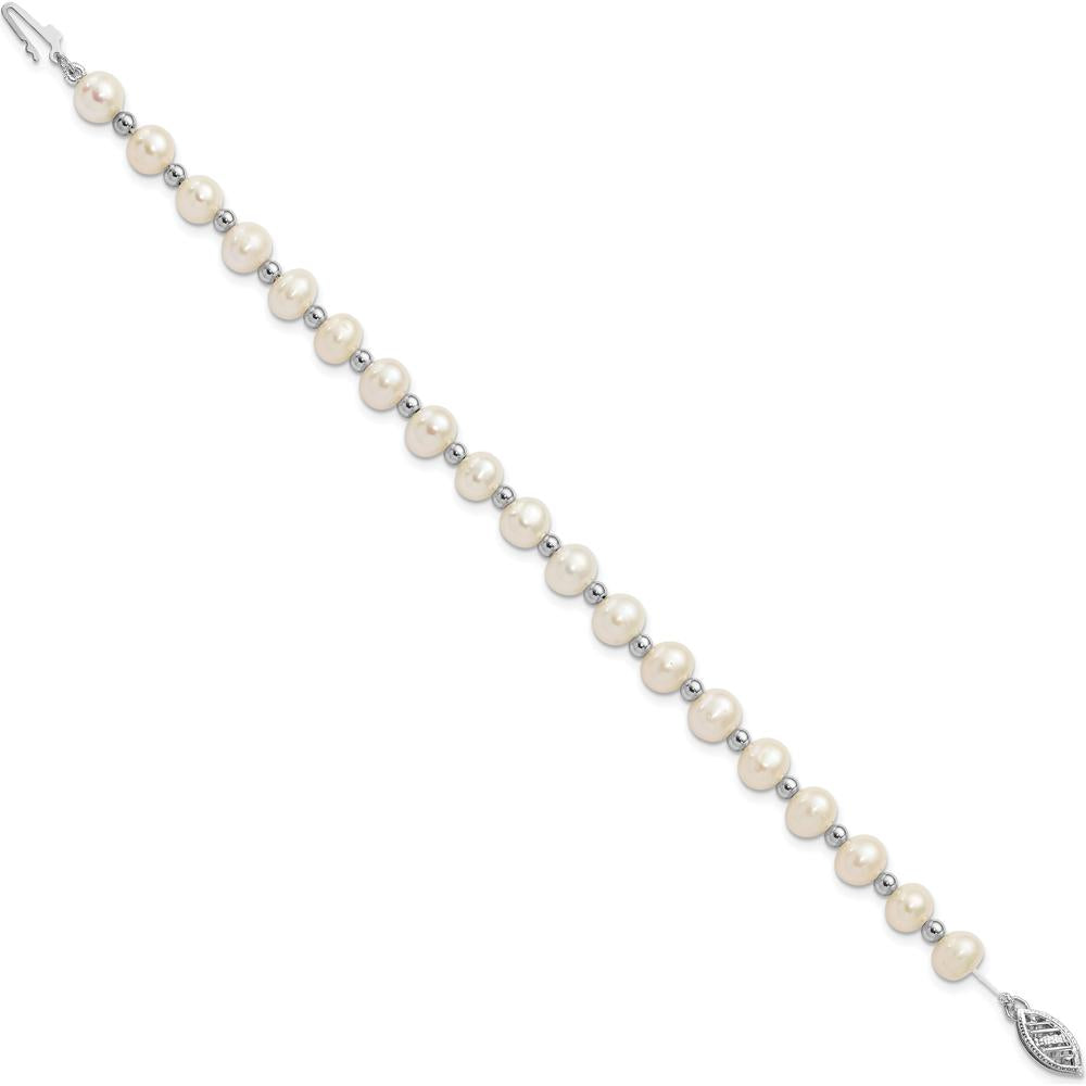 14K White Gold 6-7mm Freshwater Cultured Pearl Beaded Bracelet with Pearl Clasp - 7" Length by Monteluci Fine Jewelry