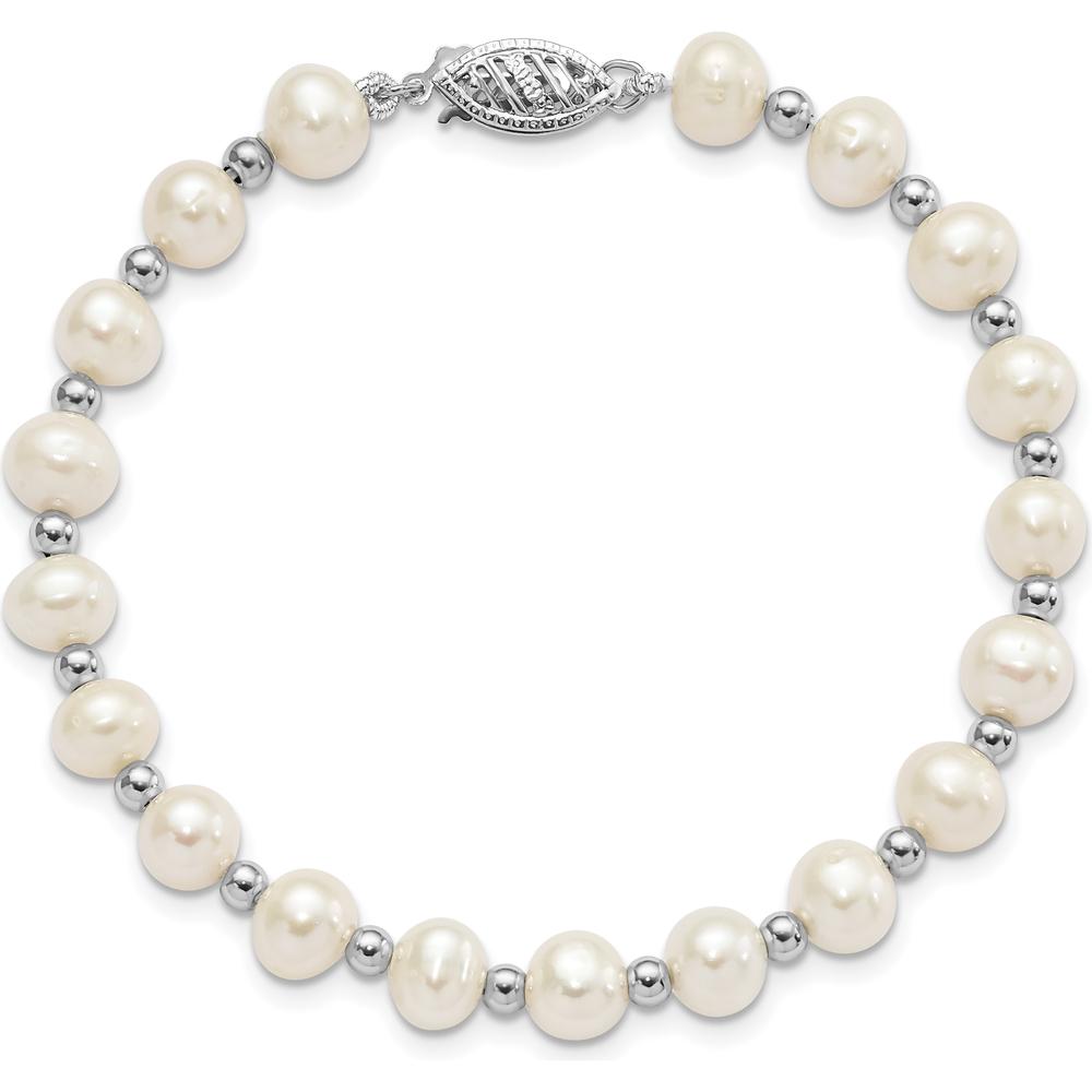 14K White Gold 6-7mm Freshwater Cultured Pearl Beaded Bracelet with Pearl Clasp - 7" Length by Monteluci Fine Jewelry